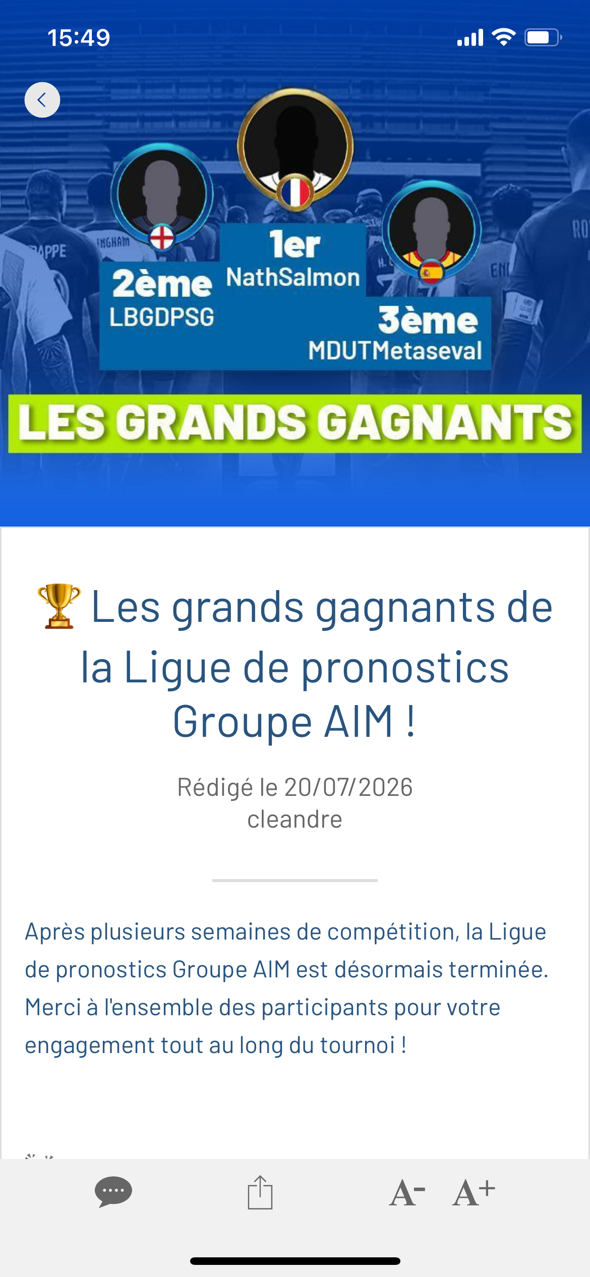 Article annonçant les grands gagnants finaux sur l'application interne